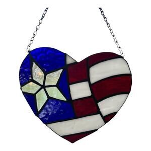 Vtg Sun Catcher Stained Glass Hanging American Flag Heart Shape Patriotic USA